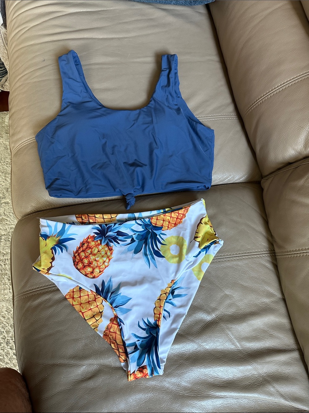 Blue Crop Bikini Top with Pineapple Print High-Waist Bottoms
